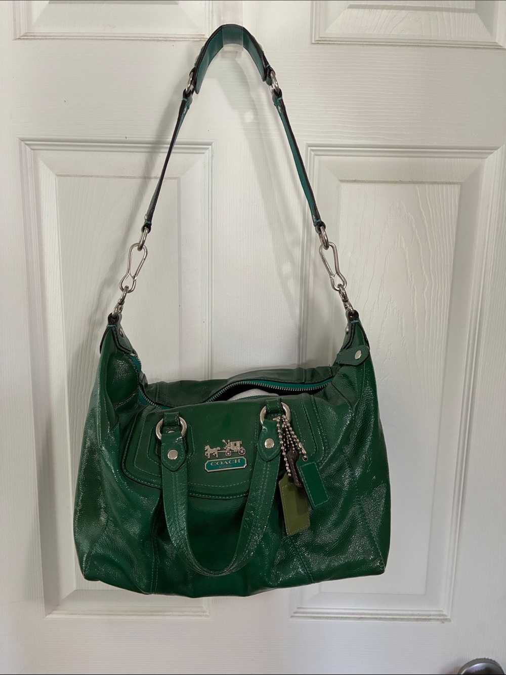 Vintage Early 2000s Coach Emerald Green Leather Shoulder Bag with Charm